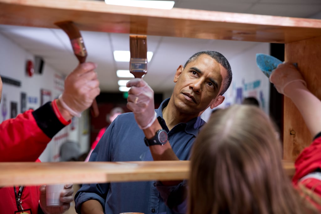 When he stained shelves during a National Day of Service school improvement project in DC