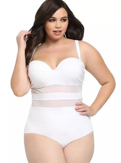 PlusTrendy White Mesh Panel Swimsuit