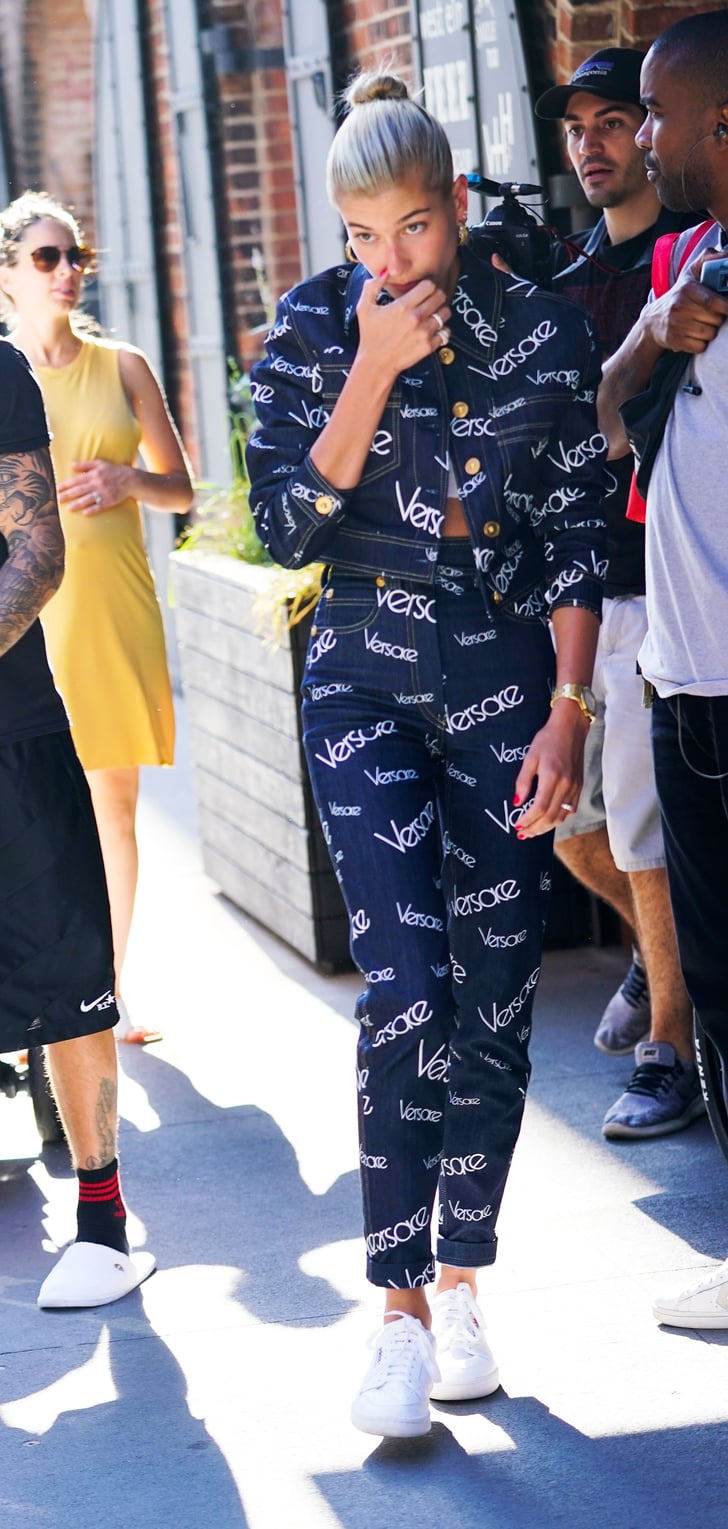 Hailey Baldwin Versace Denim Jacket and Jeans July 2018 | POPSUGAR