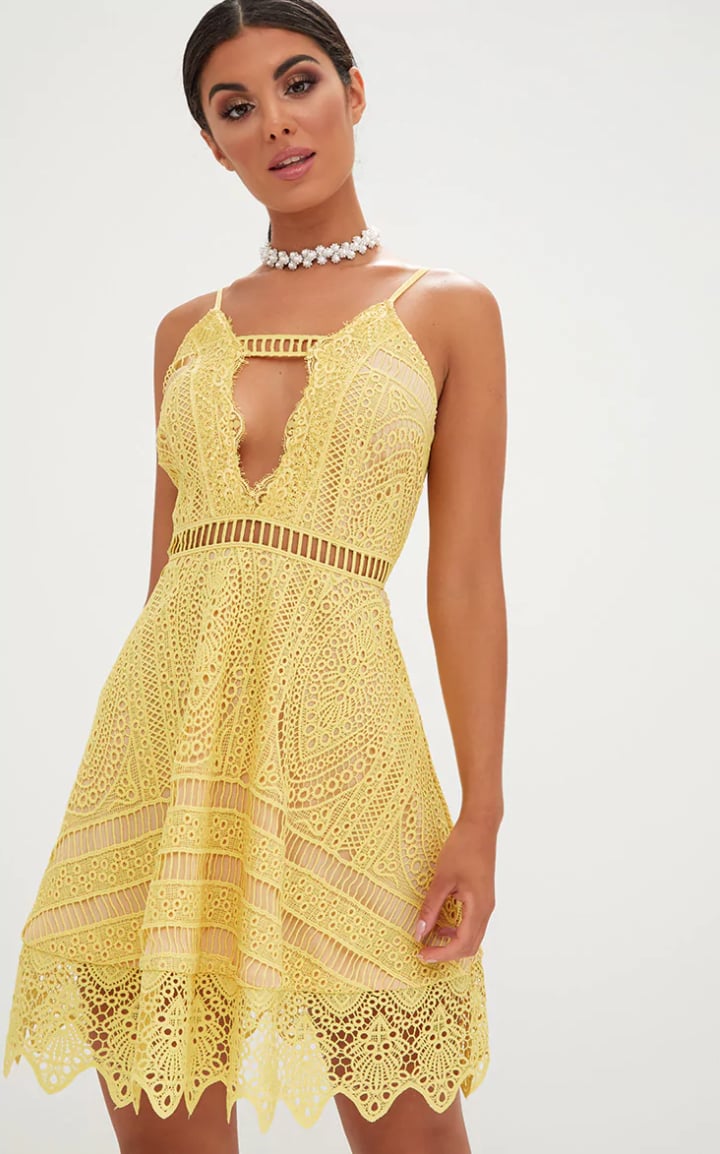 Yellow Crochet Lace Plunge Strappy Skater Dress | Best Pretty Little ...