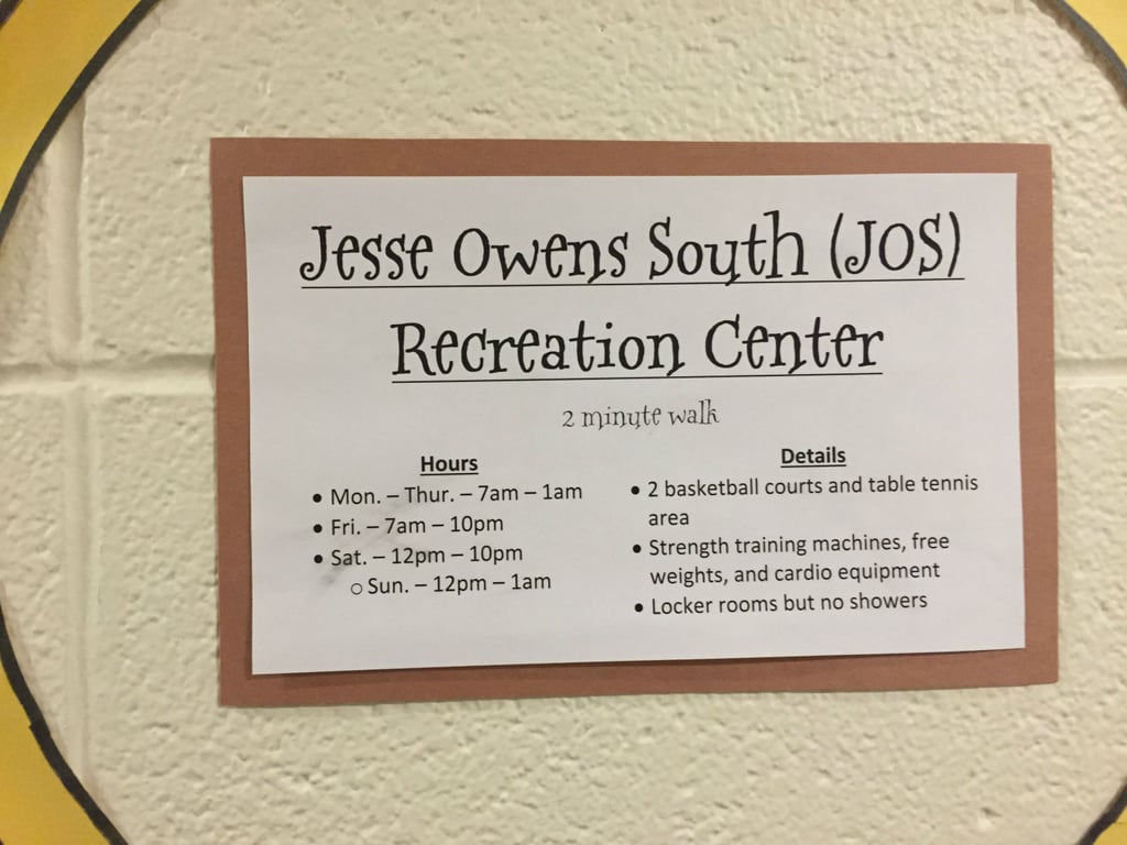 "An example of one of the gyms. The papers give distance, hours, and amenities. The font is the same as used in most places on the floor."