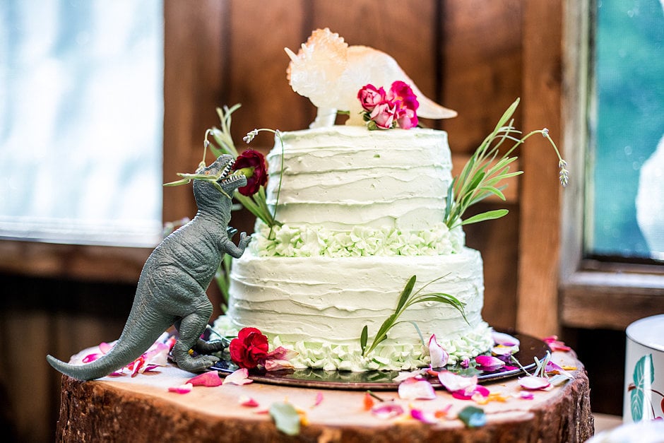 This wedding party ditched the traditional cake toppers for quirky toy dinosaurs and rustic frosting detail.