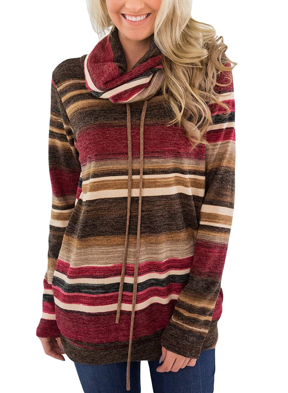 Asvivid Cowl Neck Striped Tunic Sweatshirt 18 Stylish