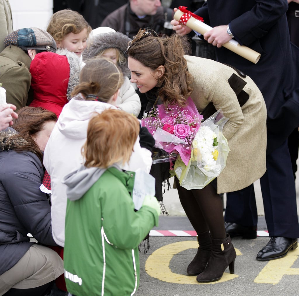 Kate received bunches of flowers from children at the Trearddur Bay Lifeboat Station in Wales back in February 2011.