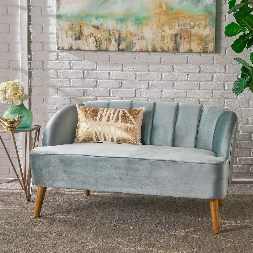 Modern Seafoam Blue Velvet Sofa Small Space Cramping Your