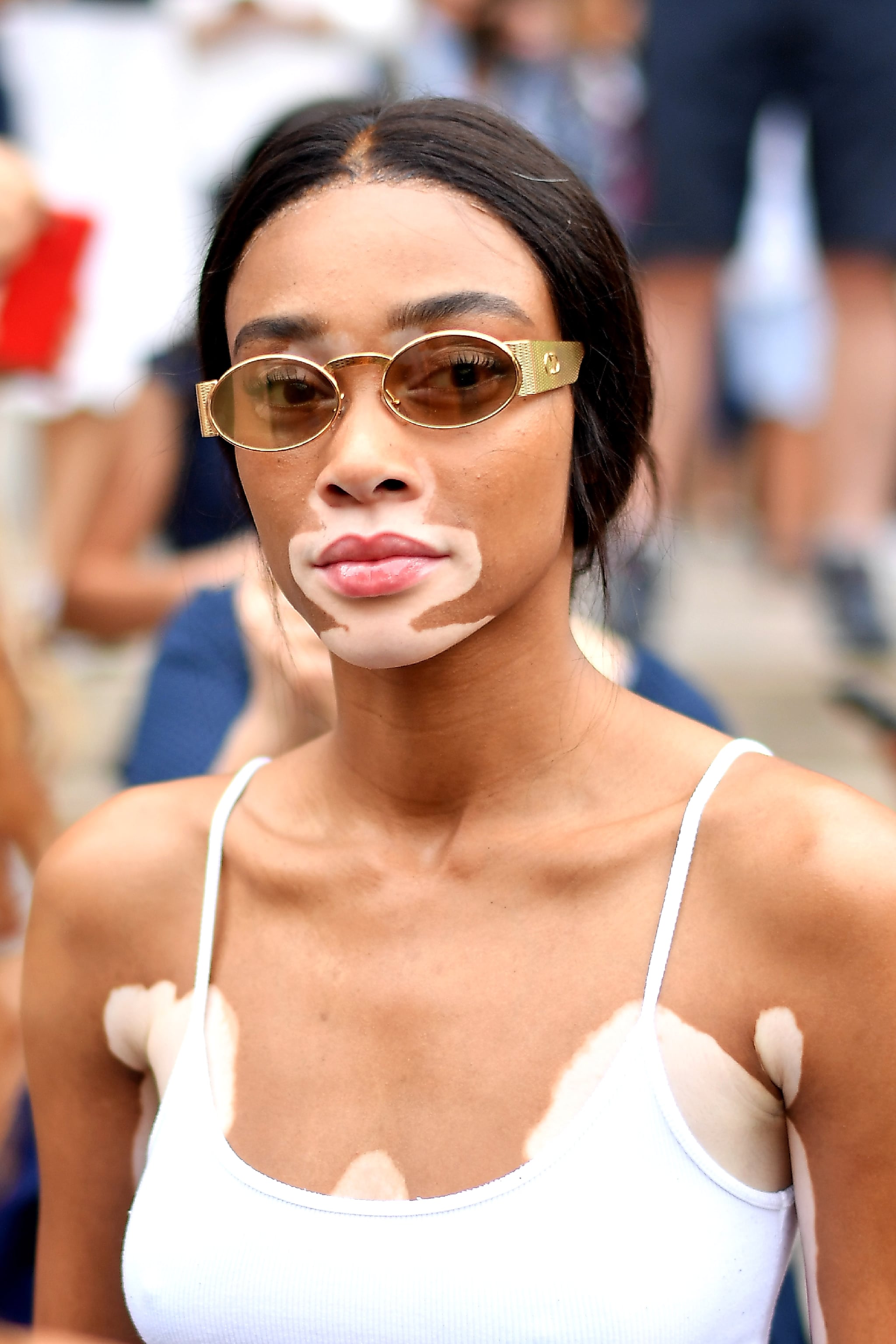 PARIS, FRANCE - JULY 02:  Winnie Harlow is seen at the Schiaparelli Haute Couture Fall Winter 2018/2019 Show on July 2, 2018 in Paris, France.  (Photo by Jacopo Raule/GC Images)