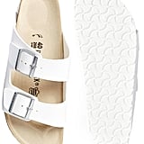 Birkenstock Arizona white double-strap flat sandals ($94) | Mary-Kate and Ashley Olsen Wearing 