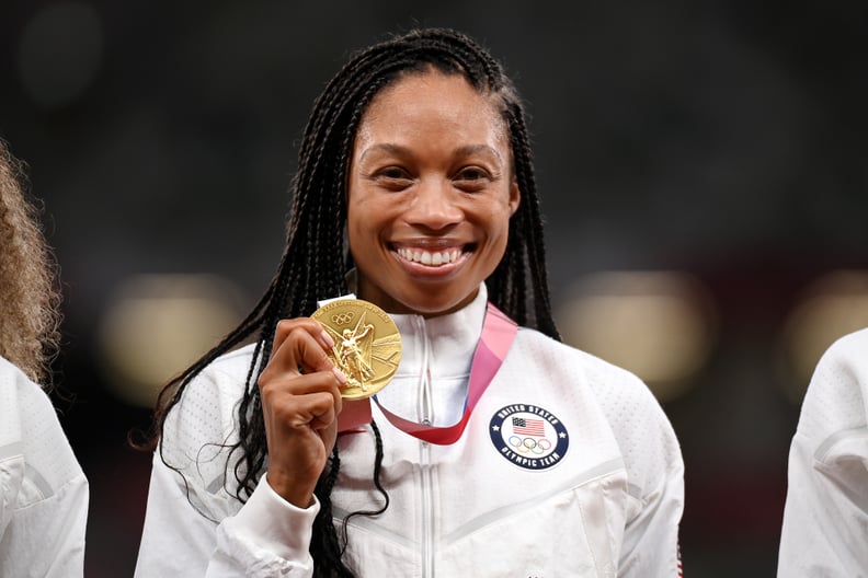TOKYO, JAPAN - AUGUST 07: Gold medal winner Allyson Felix of Team United States stands on the podium during the medal ceremony for the Women's 4 x 400m Relay on day fifteen of the Tokyo 2020 Olympic Games at Olympic Stadium on August 07, 2021 in Tokyo, Ja