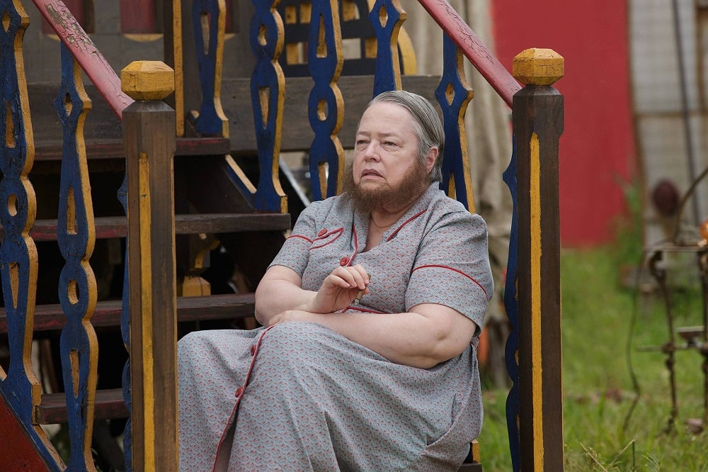 Kathy Bates plays Ethel, Dell's bearded ex-wife.