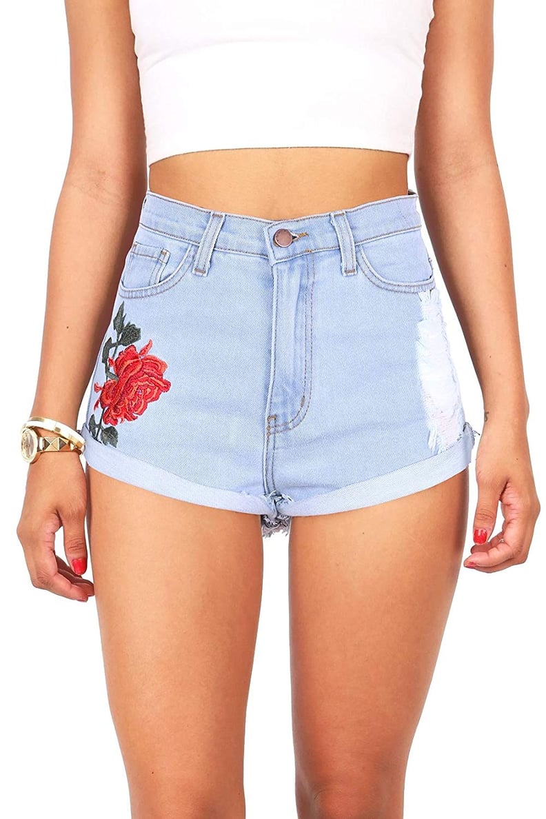 Vibrant Women's Juniors High Rise Rose Embroidered Denim Shorts