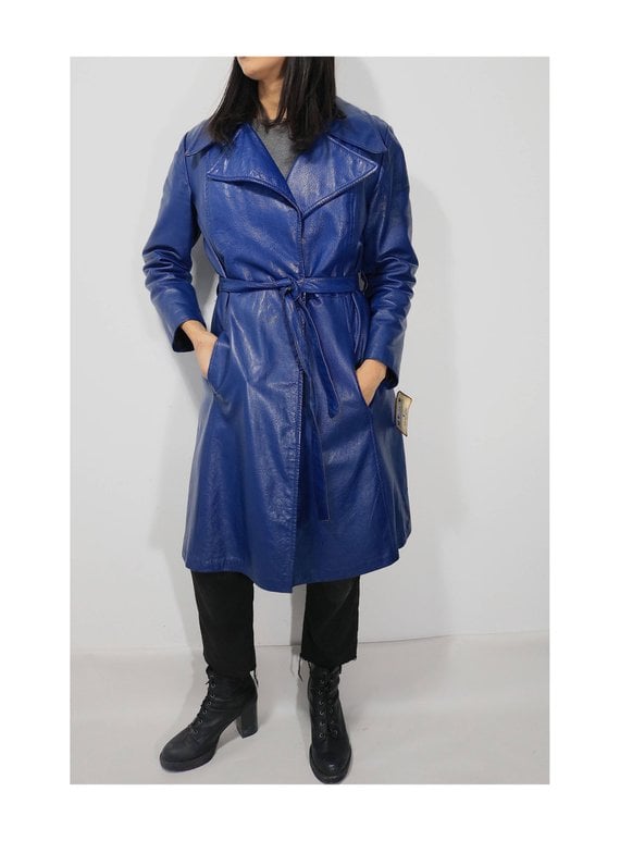 Vintage Blue Leather 70's Trench Coat