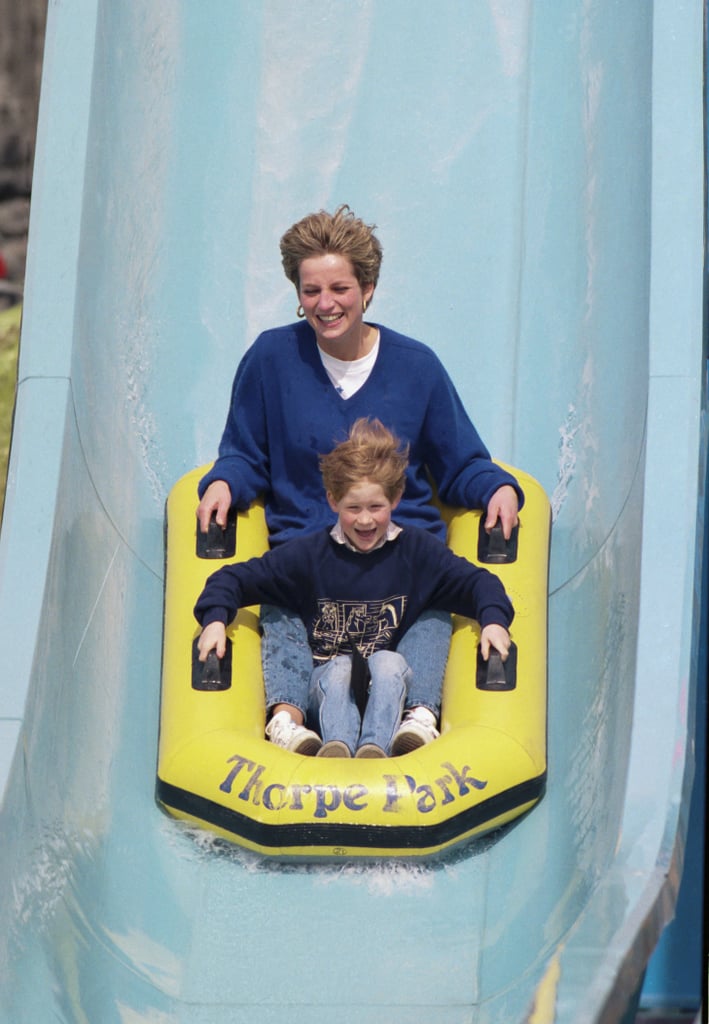 Diana and her son enjoyed a water slide ride while visiting Thorpe Park in Chertsey in April 1992.