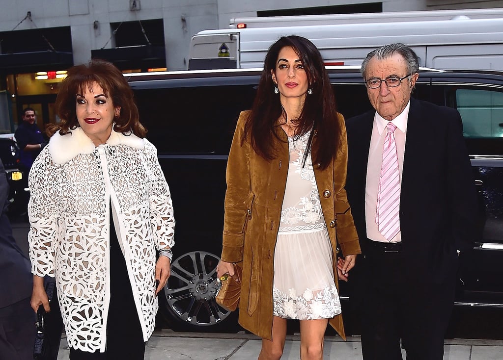Amal Clooney Wearing a Gucci Suede Coat 2015