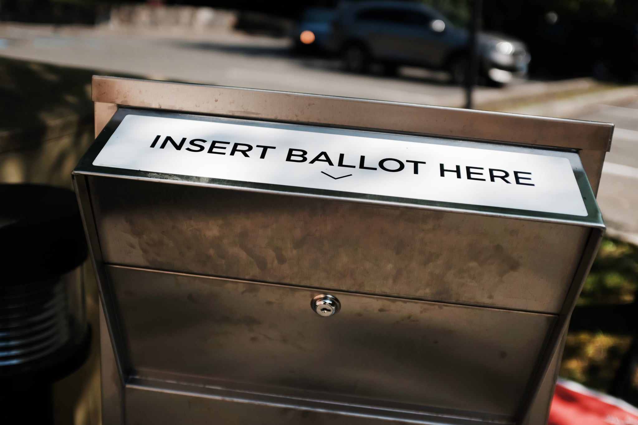 HARTFORD, CONNECTICUT - AUGUST 11: A secure ballot drop box stands at a Stamford library for people to drop off their Connecticut 2020 presidential primary ballots on August 11, 2020 in Stamford, Connecticut. Due to the ongoing COVID-19 pandemic, Connecticut Governor Ned Lamont signed an executive order allowing all registered voters to vote absentee in the August 11, 2020 primary. Connecticut has also experienced fallout from the recent tropical storm, which knocked out power to half of the state at its peak. President Trump has been critical of the absentee ballot process saying it contributes to voter fraud.  (Photo by Spencer Platt/Getty Images)