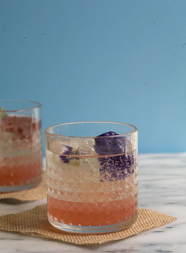 Rhubarb Fizz With Edible Flower Ice Cubes