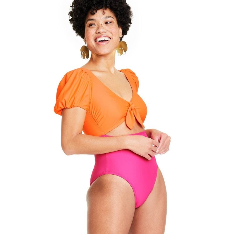 Colour-Blocking: Tabitha Brown for Target Colorblock Puff Sleeve Tie-Front One Piece Swimsuit