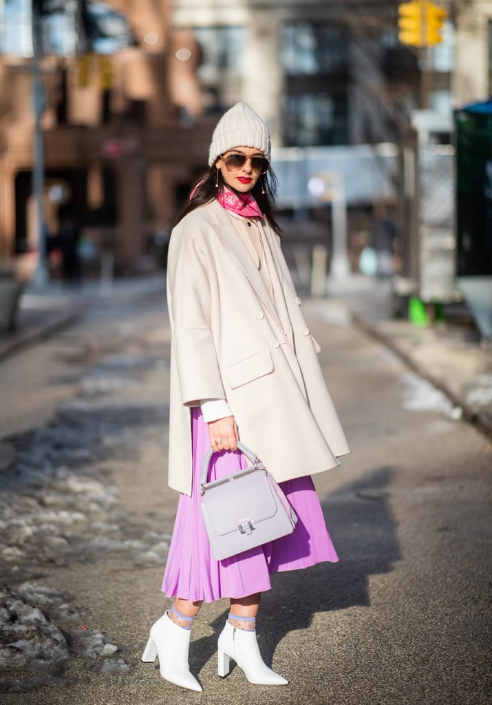 Winter Outfit Idea: A Pastel Skirt and a White Coat