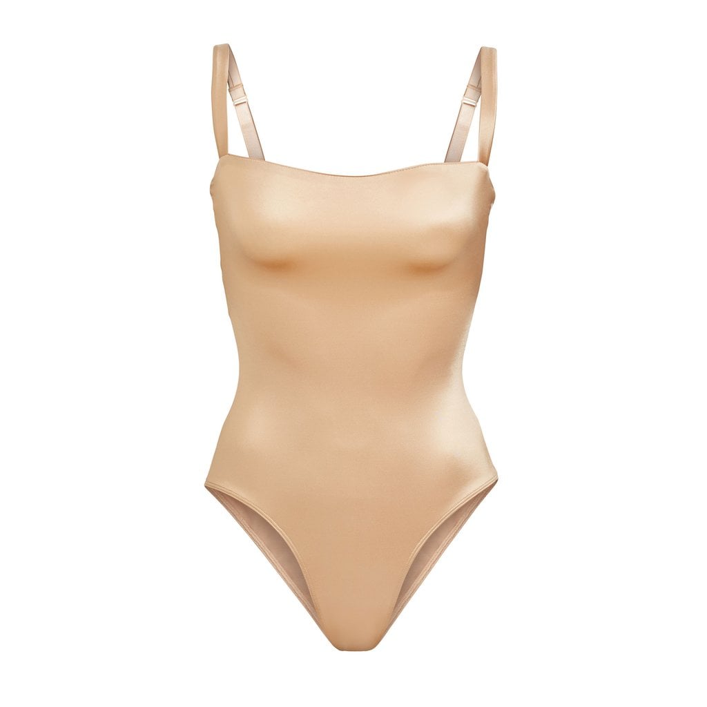 Skims Stretch Satin Smoothing Bodysuit in Honey