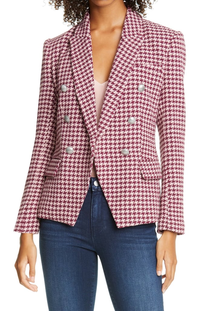 L'AGENCE Kenzie Double Breasted Houndstooth Tweed Blazer