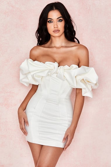 House of CB Selena Ivory Satin Ruffle Strapless Dress