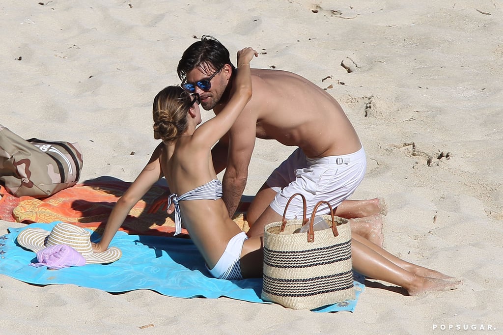 Olivia Palermo and her fiancé, Johannes Huebl, shared a kiss on the beach in St. Barts.