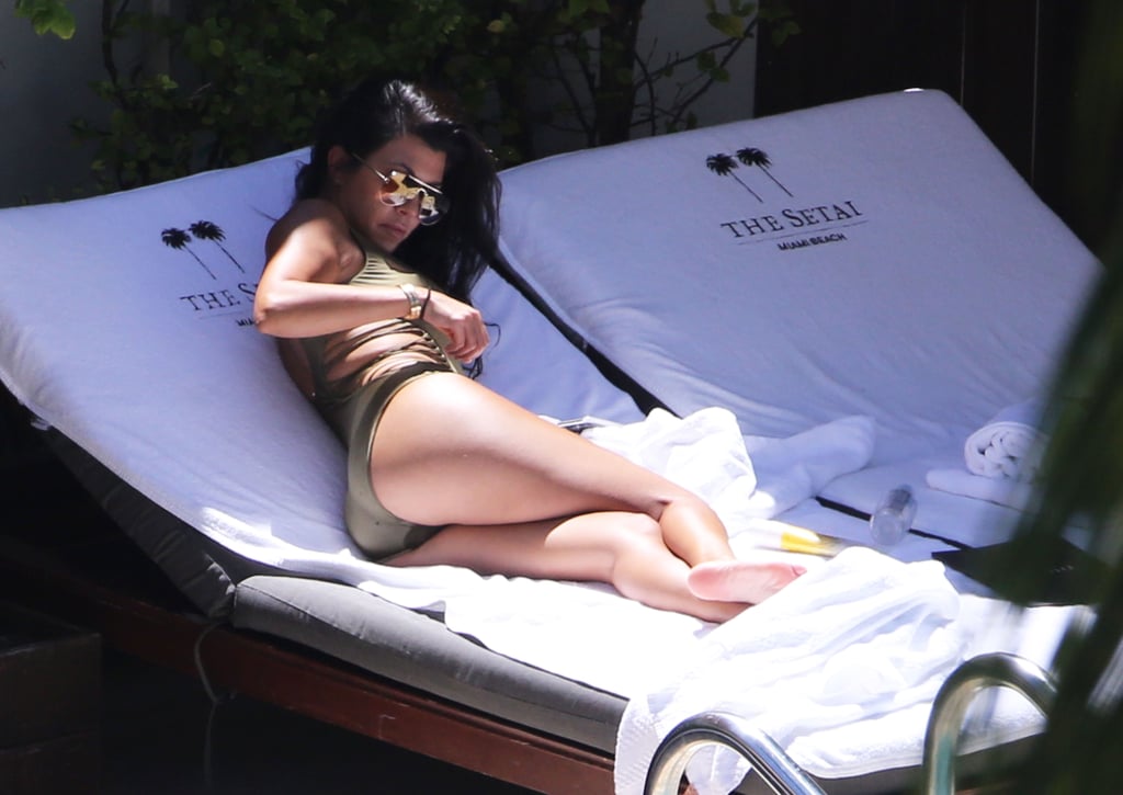 Kourtney Kardashian's Green Strappy One-Piece Suit on Miami Beach