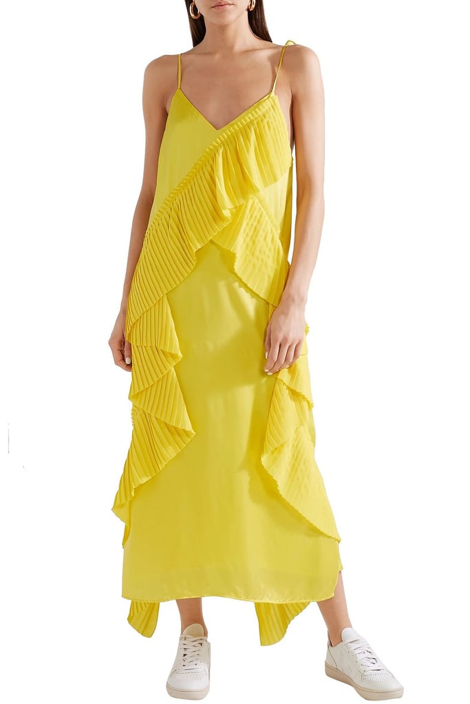 Kenzo Yellow Pleated ruffled crepe and satin midi dress | Nicola Peltz ...