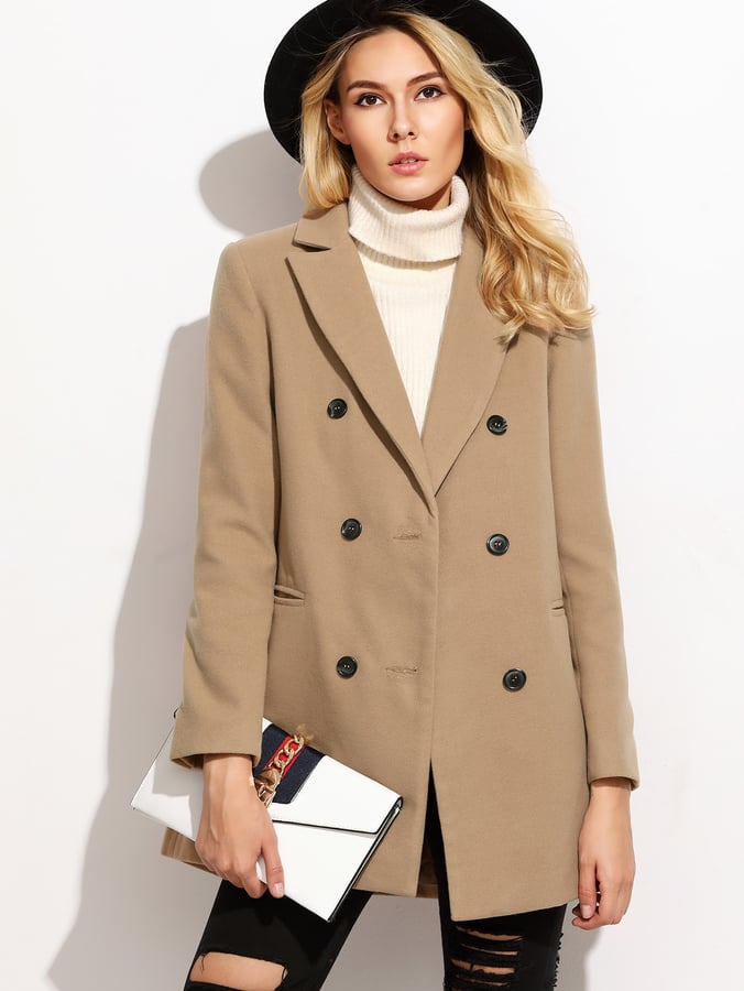 Shein Camel Double Breasted Coat With Welt Pocket