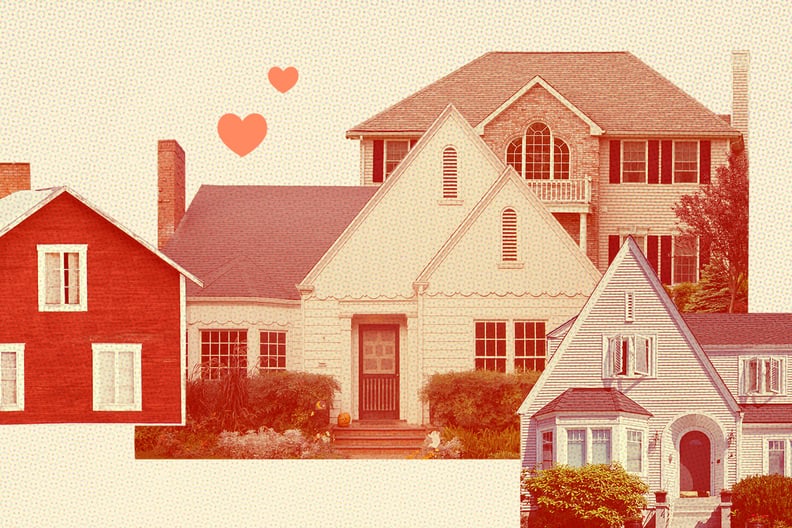 A collage of houses with hearts over top