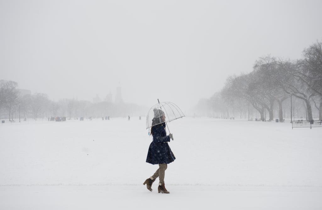 A woman walked through the snowy park in Washington DC.