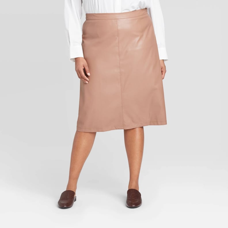 Prologue Plus Size Mid-Rise Faux Leather A-Line Midi Skirt