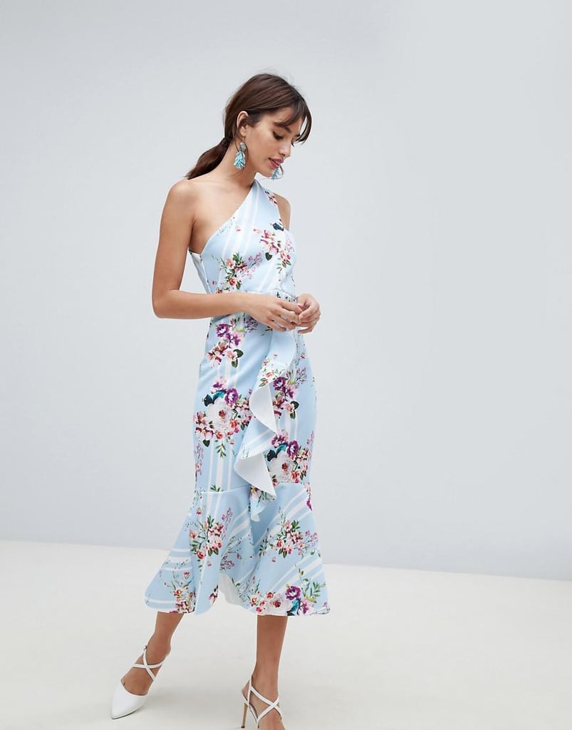 Asos Design One Shoulder Midi Dress in Blue Stripe Floral Print