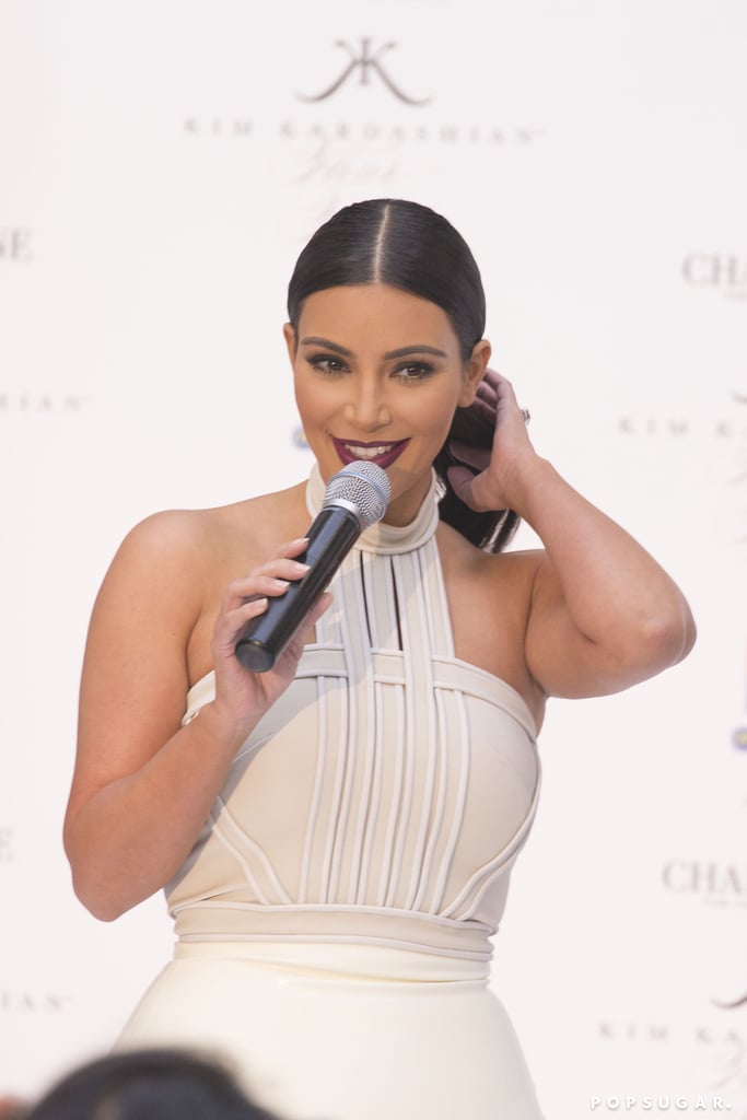 Kim Kardashian took the mic at an event to promote her new fragrance, Fleur Fatale, in Melbourne, Australia, on Wednesday.