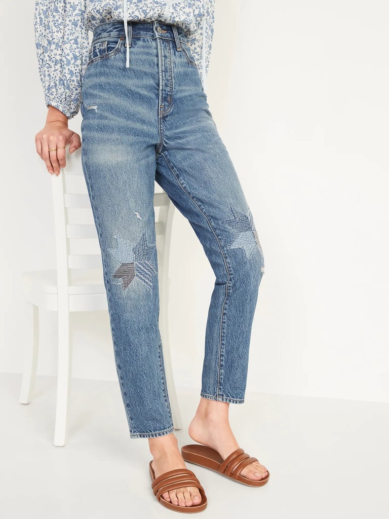 Old Navy Higher High-Waisted Button-Fly O.G. Straight Patchwork Non-Stretch Jeans