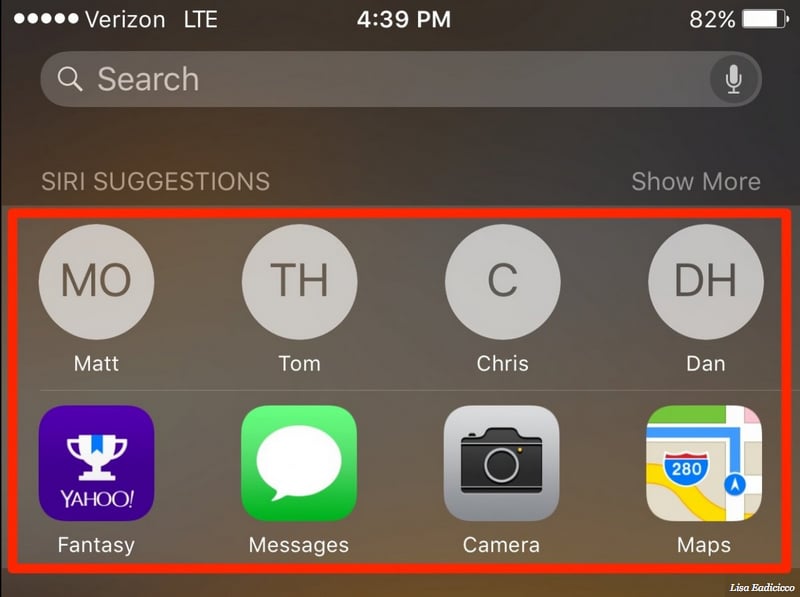 Siri also offers suggestions for who you might want to contact and which apps you want to use. If you swipe over to the left of your home screen, you'll see a list of suggested contacts and apps. It seems like these choices are based on the people you text or call most frequently and the apps you use the most.