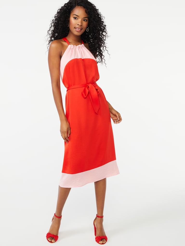 An Everywhere-Appropriate Dress: Scoop Halter Top Colour Block Midi Dress with Tie at Waist
