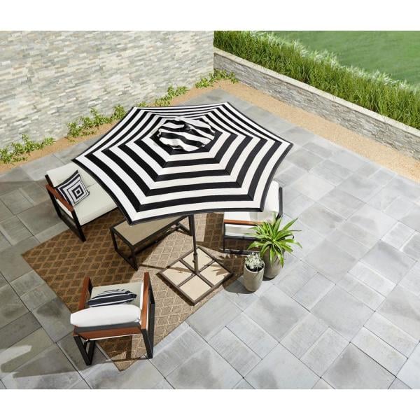 Hampton Bay Steel Market Outdoor Patio Umbrella in Black and White Cabana Stripe