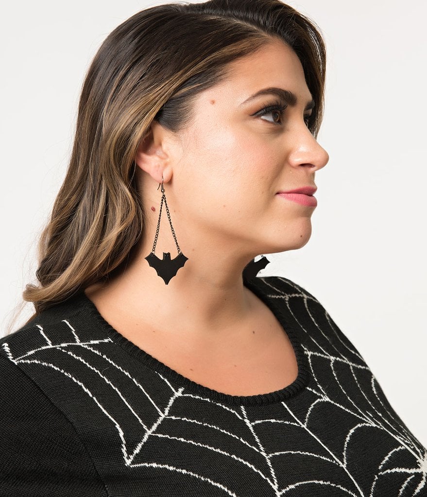 Black Leather Bat Dangle Earrings