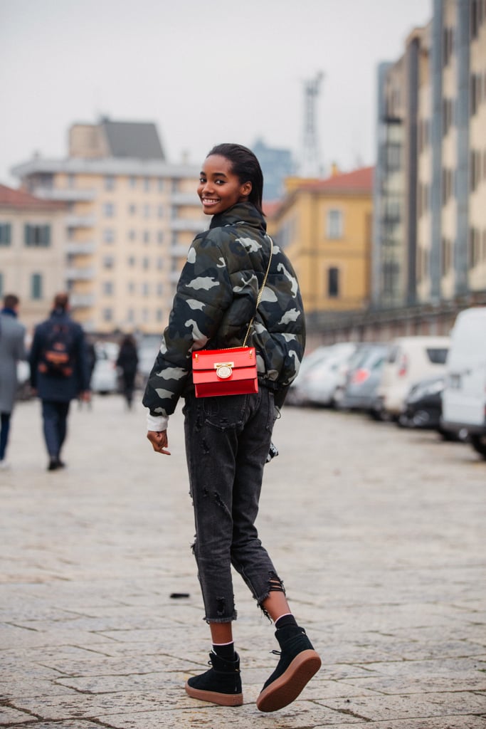 As Part of a Casual Camo Puffer and Flats Outfit