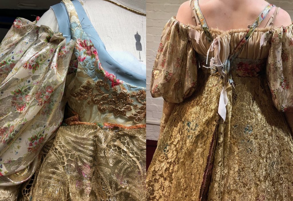 "The apron is made of gold lace, sequins, and beads and goes on top of the gold skirt. The peasant blouse, which is all built in, drops off the shoulders, so that you're able to take in the throat and neck with all the lovely beading."