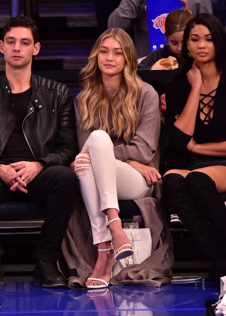 Gigi Hadid Wearing White Jeans at Basketball Game