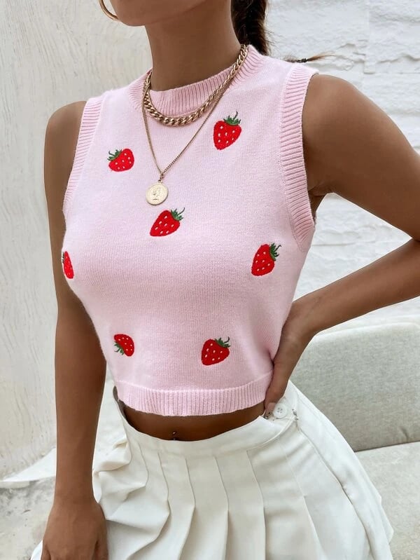Shein Strawberry Embroidered Sweater Vest