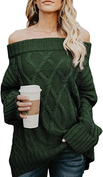 Astylish Knitted Off-the-Shoulder Oversized Sweater in Green