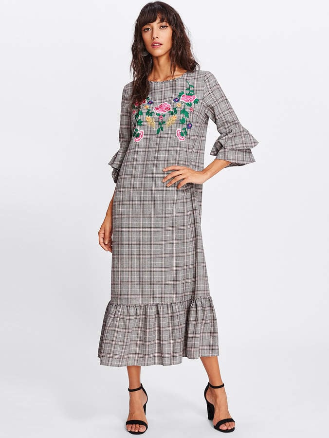 Shein Frilled Sleeve and Hem Embroidered Plaid Dress