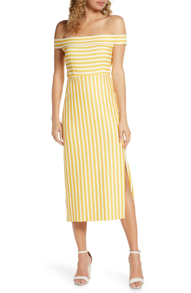 Avec Les Filles Off the Shoulder Stripe Midi Dress