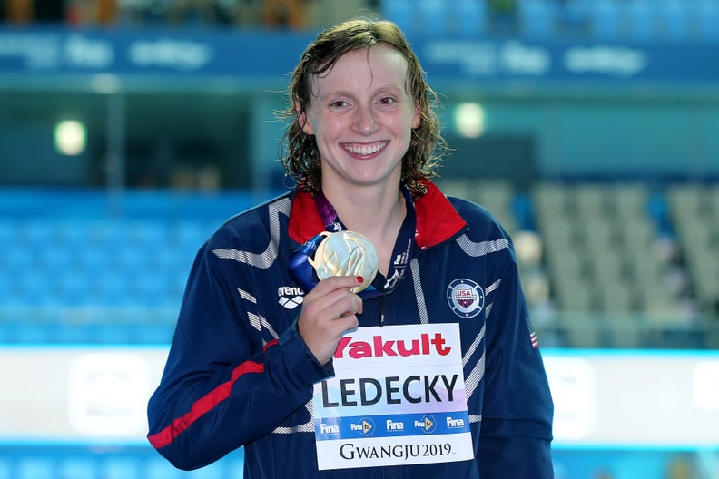 GWANGJU, SOUTH KOREA - JULY 27: Gold medalist Katie Ledecky of the United States poses during the medal ceremony for the Women's 800m Freestyle Final on day seven of the Gwangju 2019 FINA World Championships at Nambu International Aquatics Centre on July 
