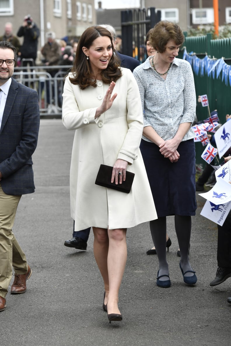 OXFORD, ENGLAND - MARCH 6:  Catherine, The Duchess of Cambridge arrives to learn about the work of the charity Family Links which works closely with schools nationwide to support both children and parents with their emotional health and wellbeing, with an