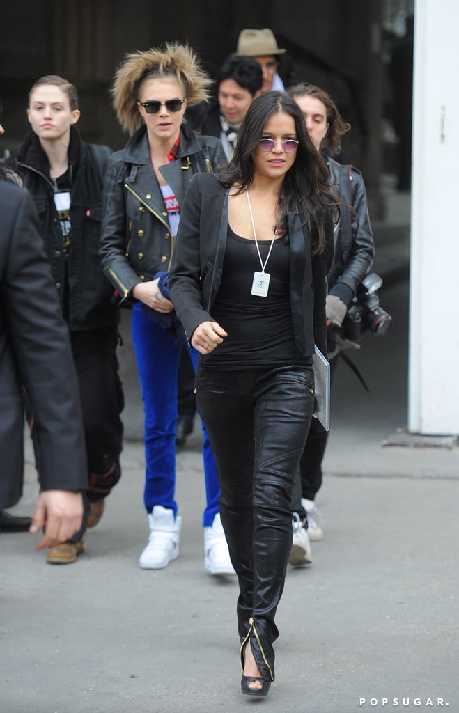 Cara Delevingne and Michelle Rodriguez made their way out of the Grand Palais in Paris after the Chanel runway show.