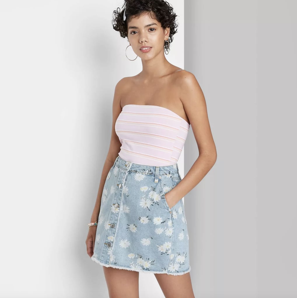 Wild Fable Floral Print High-Rise Button-Front Denim Mini Skirt