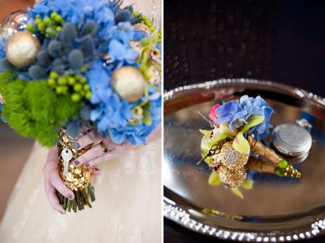 The bride's bouquet has an out-of-this-world feel with the careful placement of a few shimmering orbs, and the key represents the same one the Doctor gives to his companions before sweeping them into adventures on the TARDIS. 
Source: Green Wedding Shoes
